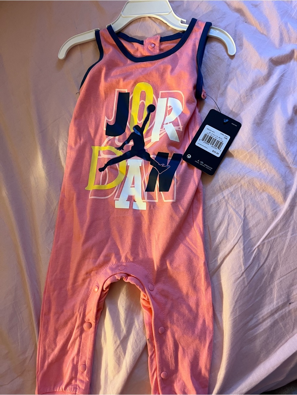 Jordan Coral Pink and Navy Infant Graphic Romper